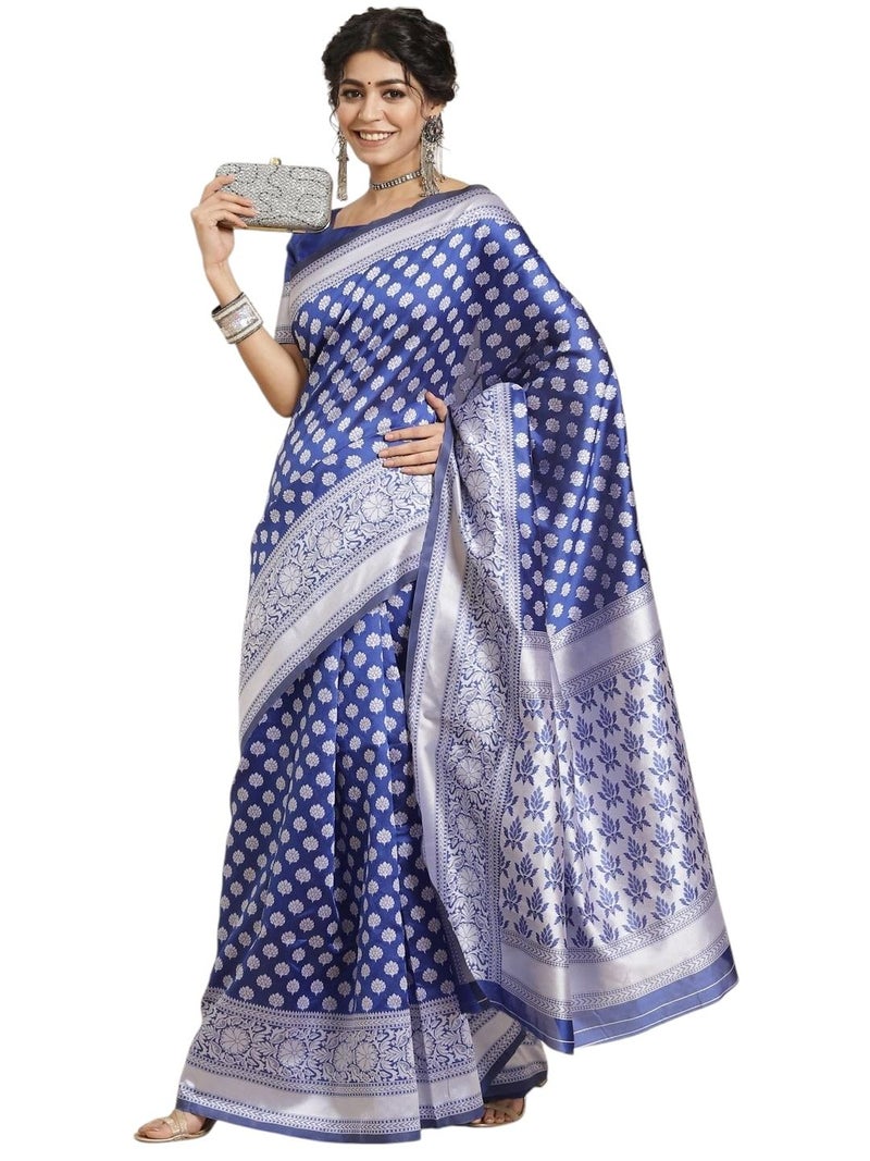 LACOSSI Pure Fancy Kanjivaram Jacquard Silk Saree Banarasi Silk Saree Rich Pallu Design Woven Jacquard Trendy Special Occassion Wear With Unstitched Blouse Piece (6107-Blue) - Image 1