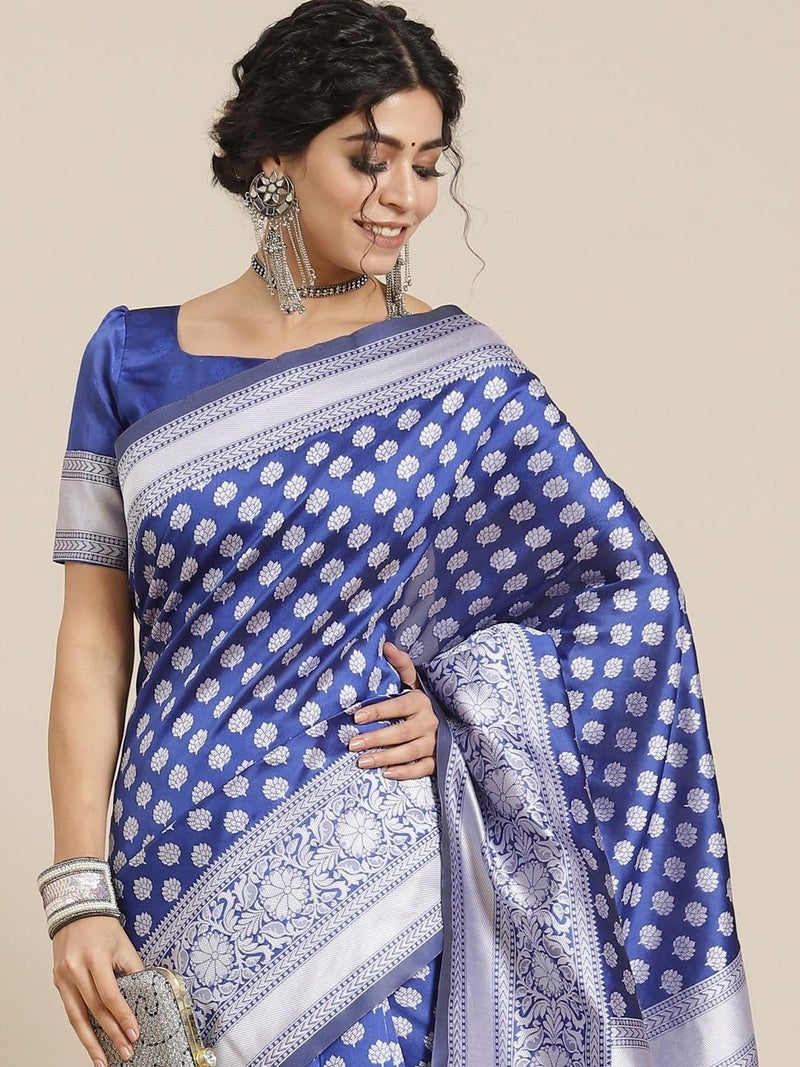 LACOSSI Pure Fancy Kanjivaram Jacquard Silk Saree Banarasi Silk Saree Rich Pallu Design Woven Jacquard Trendy Special Occassion Wear With Unstitched Blouse Piece (6107-Blue) - Image 2