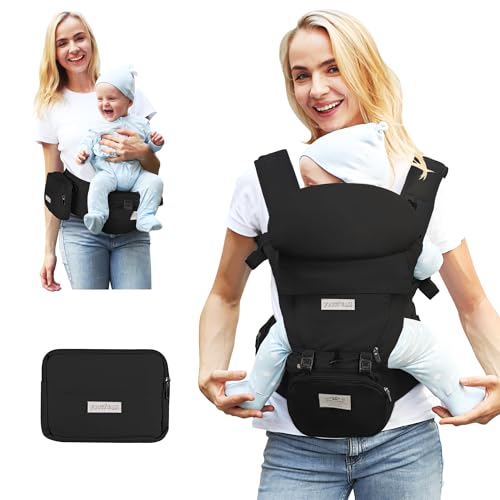 FRUITEAM Baby Carrier Newborn to Toddler, Safety-Certified Waist Stool with Hip Seat, Ergonomic 6-in-1 Baby Carrier with Head Support, Adjustable & Removable Baby Holder for All Seasons, Black - Image 1