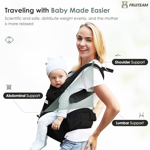 FRUITEAM Baby Carrier Newborn to Toddler, Safety-Certified Waist Stool with Hip Seat, Ergonomic 6-in-1 Baby Carrier with Head Support, Adjustable & Removable Baby Holder for All Seasons, Black - Image 4