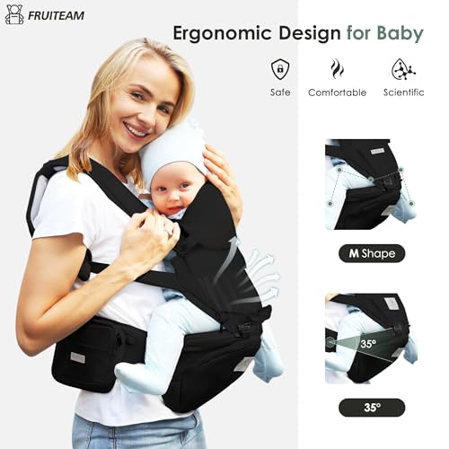 FRUITEAM Baby Carrier Newborn to Toddler, Safety-Certified Waist Stool with Hip Seat, Ergonomic 6-in-1 Baby Carrier with Head Support, Adjustable & Removable Baby Holder for All Seasons, Black - Image 3