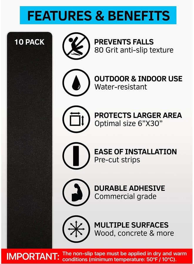 FINEHOUS 6”x30” Stair Treads Non-Slip Outdoor Tape – (10-Pack) Black Anti-Slip Strips - Image 2