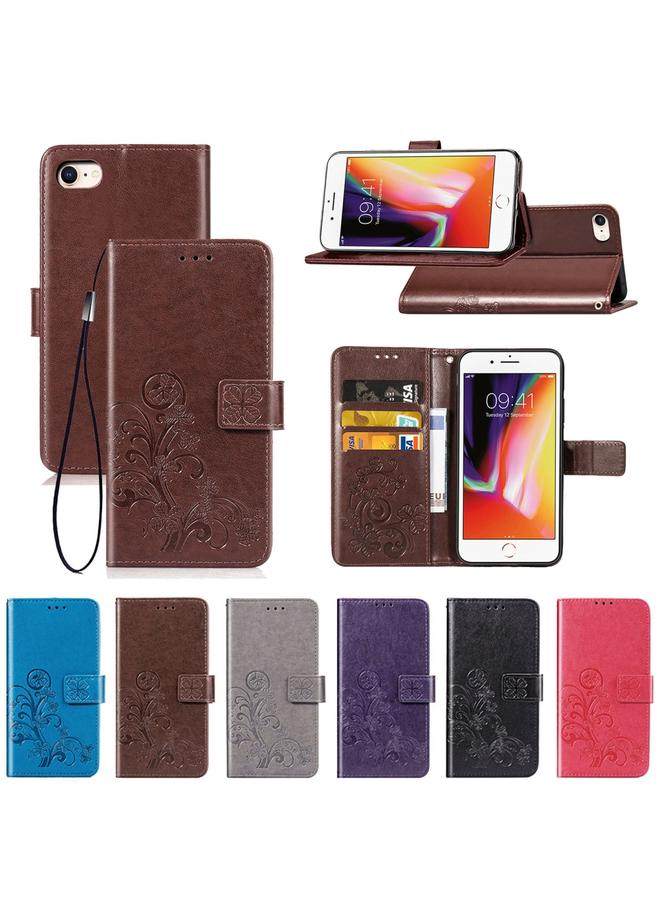 S-TOP Case For iPhone SE 2022 / SE 2020 Four-leaf Clasp Embossed Buckle Mobile Phone Protection Leather Case with Lanyard & Card Slot & Wallet & Bracket Function - Image 5