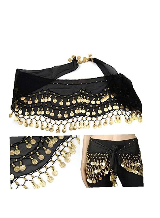 NIBEMINENT Belly Dance Hip Skirt Chiffon Dangling Gold Coins Scarf Wrap Belt Black  - Image 5