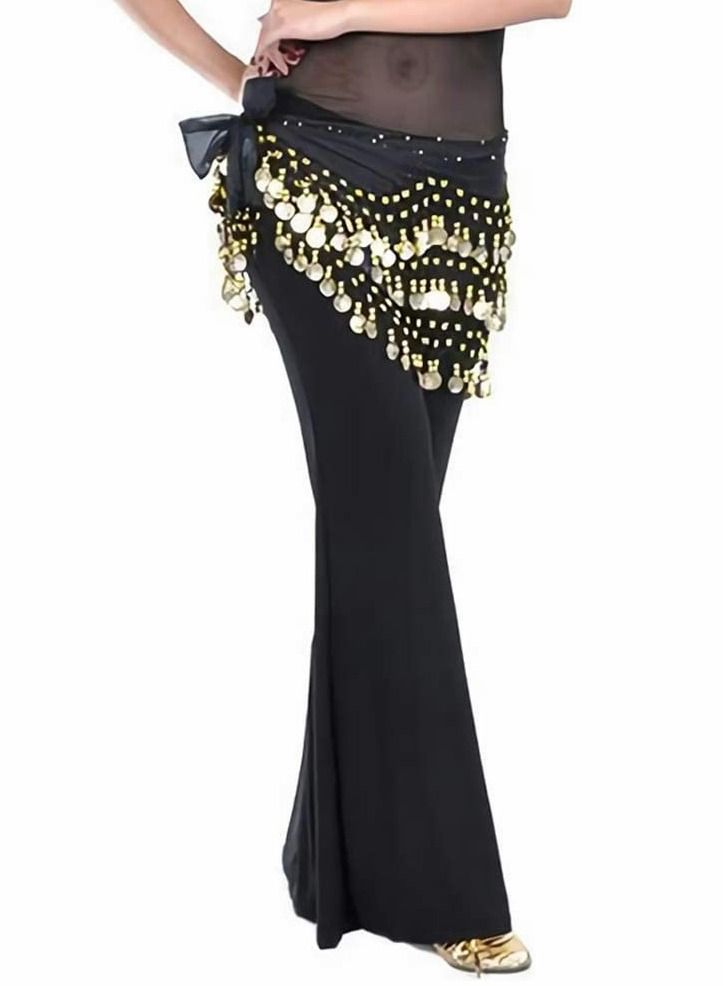NIBEMINENT Belly Dance Hip Skirt Chiffon Dangling Gold Coins Scarf Wrap Belt Black  - Image 3