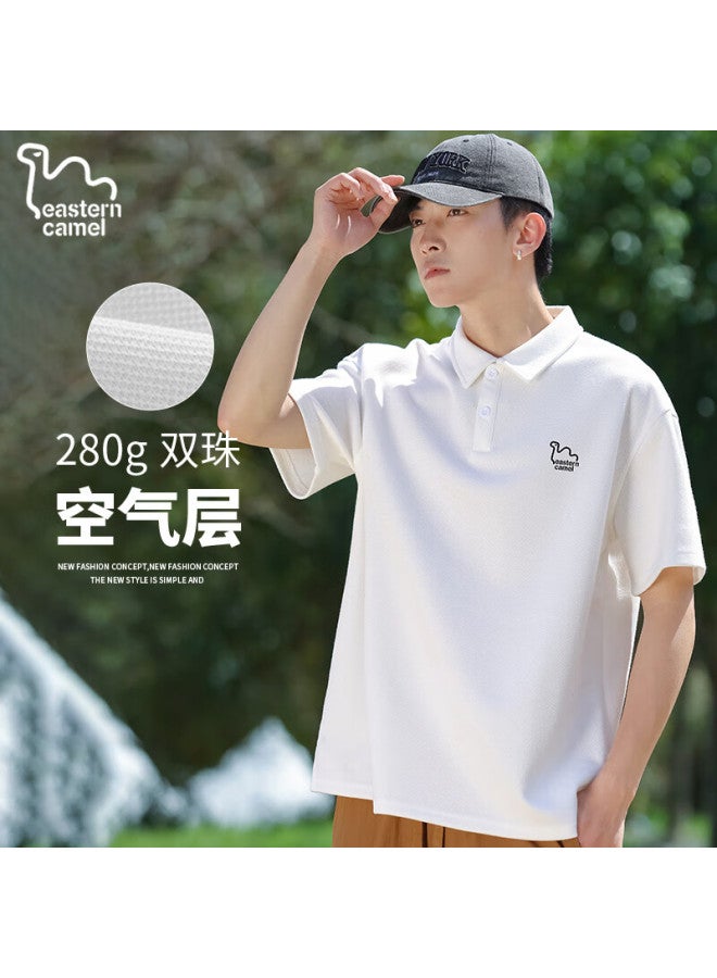 Eastern Camel Men's Short Sleeve Polo Shirt Summer Heavyweight Breathable Solid Color Sports Turn-down Collar Outdoor T-shirt Men's Top White L - Image 1