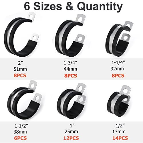 Flytuo 56PCS Large Cable Clamps Assortment Kit, 304 Stainless Steel Rubber Cushion Pipe Clamps in 6 Sizes 1/2'' 1'' 1-1/4'' 1-1/2'' 1-3/4'' 2'' - Image 2