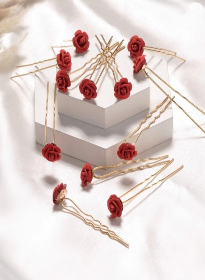 FRESCORR (12-Pieces) Hair Accessories Set | Small Red Flower U-Pins | Decorative Beaded Hair Pins for Women & Girls | Bridal Hair Accessories for Weddings, Parties & Special Occasions - Image 2