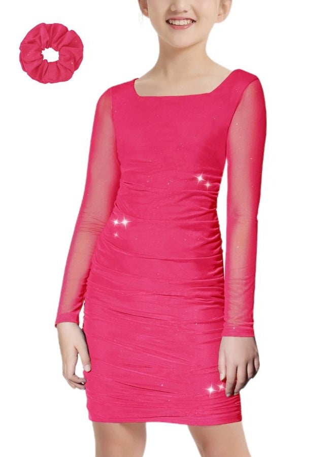 EXARUS Girls Teen Easter Dress Spaghetti Strap/Long Sleeve Party Dance Graduation Tween Tight Cute Bodycon Short Dresses, Long Sleeve Hot Pink Sparkly Flake, 12 Years - Image 1