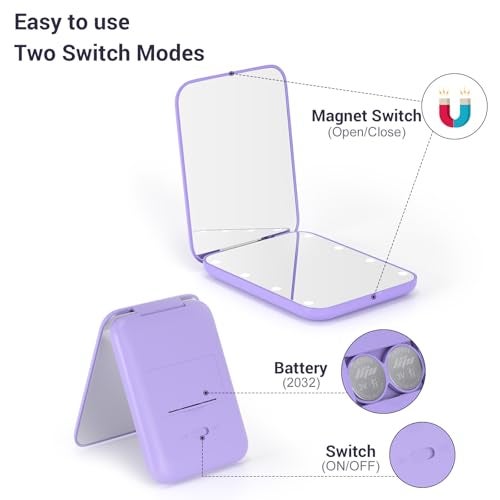 Kintion Pocket Mirror, 1X/3X Magnification LED Compact Travel Makeup Mirror with Light for Purse, 2-Sided, Portable, Folding, Handheld, Small Lighted Mirror for Gift, Purple - Image 5