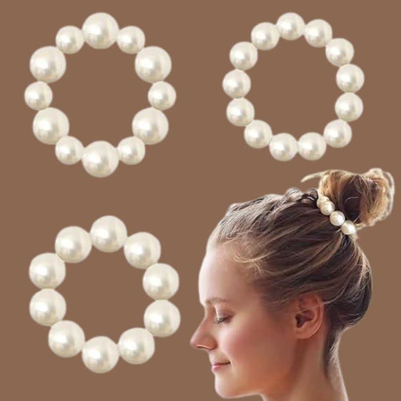 Generic Premium Beads Scrunchies for Women Large Faux Pearl Elastic BraceletHair Bands Pack of 3 White Pearl Elastic Hair Ties Ring Rope Scrunchie Bracelet Ponytail Holder for Women Girls Hair Accessories  - Image 1