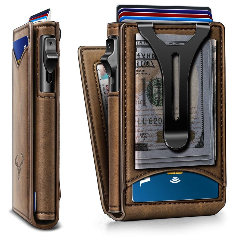 BULLIANT Men Wallet,Money Clip Wallet Slim For Gift Men 9Cards-Metal Credit Card Case in Magnetic Leather Flip - Image 1
