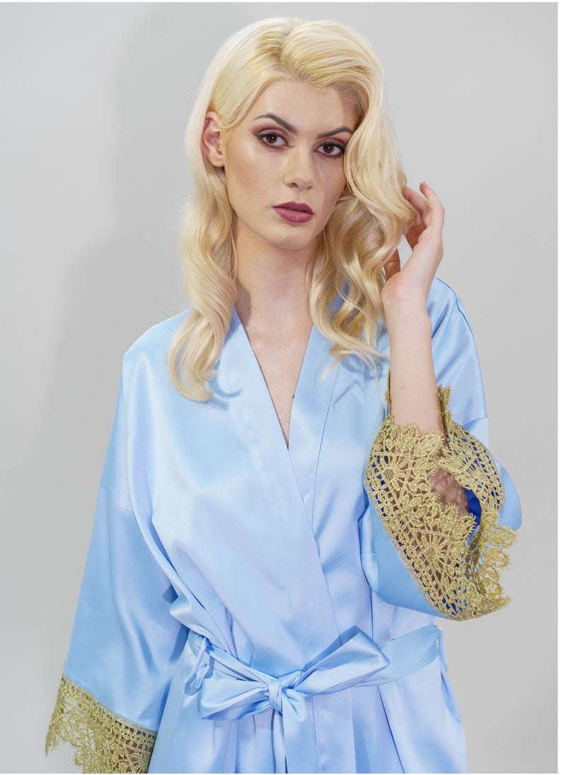 BITOLIA GALLERY - Stretch Taffeta Blue Robe with Gold Lace - Image 1