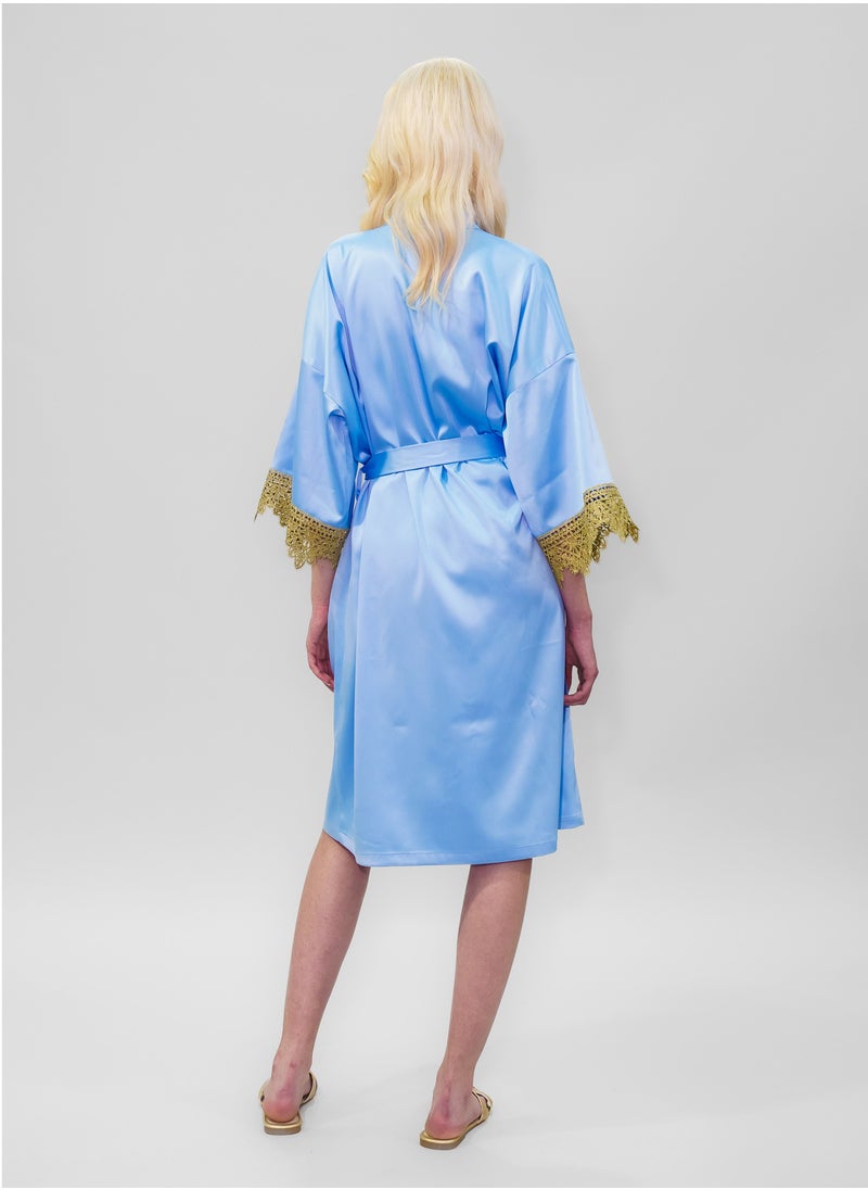 BITOLIA GALLERY - Stretch Taffeta Blue Robe with Gold Lace - Image 1