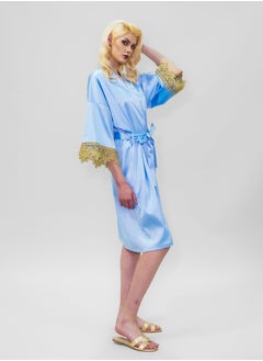 BITOLIA GALLERY Stretch Taffeta Blue Robe with Gold Lace  - Image 4