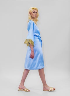 BITOLIA GALLERY Stretch Taffeta Blue Robe with Gold Lace  - Image 5