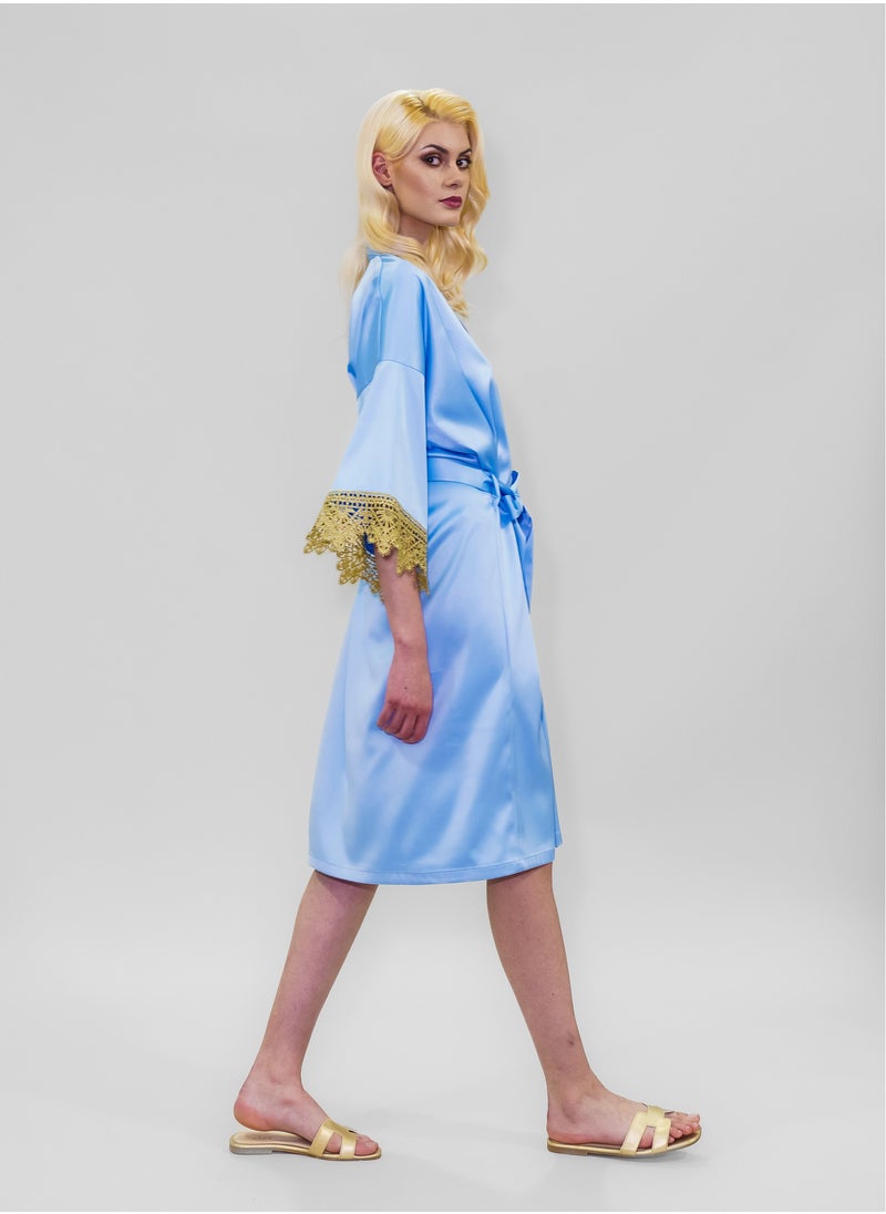 BITOLIA GALLERY - Stretch Taffeta Blue Robe with Gold Lace - Image 1