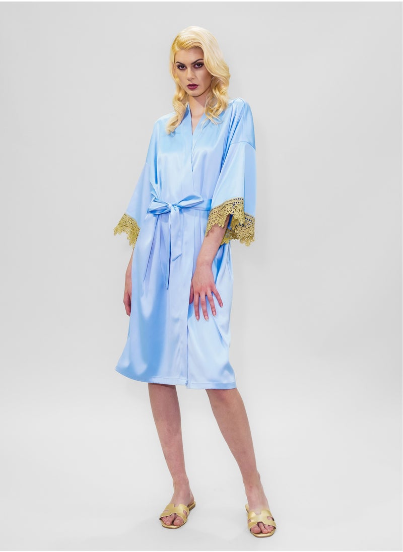 BITOLIA GALLERY - Stretch Taffeta Blue Robe with Gold Lace - Image 1