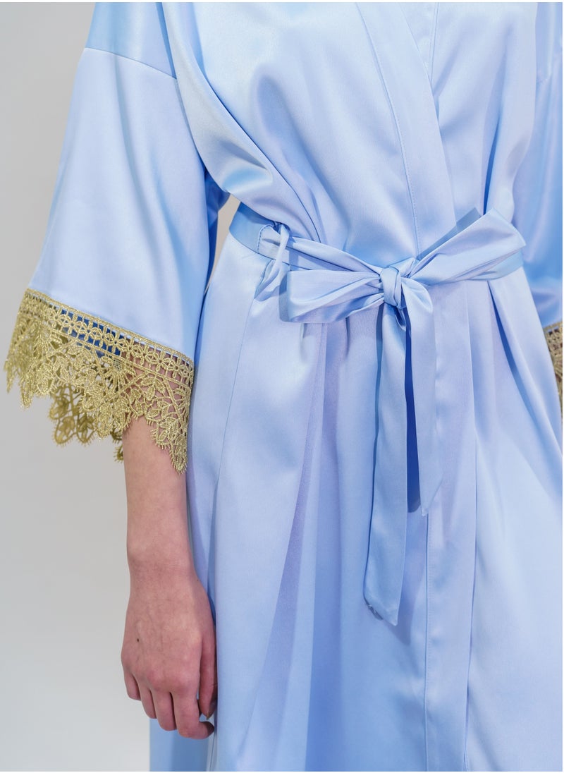 BITOLIA GALLERY - Stretch Taffeta Blue Robe with Gold Lace - Image 1