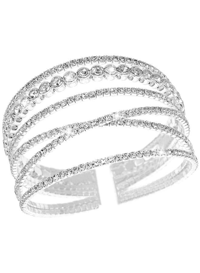 Suyi Rhinestone Bracelet for Women Silver Multilayer Cuff Bracelet Craystal Braidal Bracelets, Silver Rhinestone, alloy - Image 1