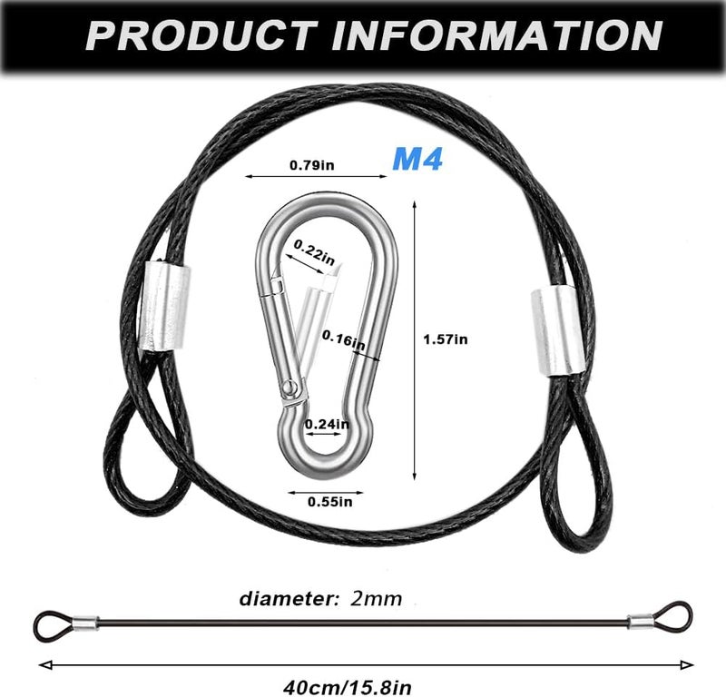 CKANDAY 10 Pack 16 Inch Stainless Steel Tethers with Spring Snap Hook Clips - Black - Image 2
