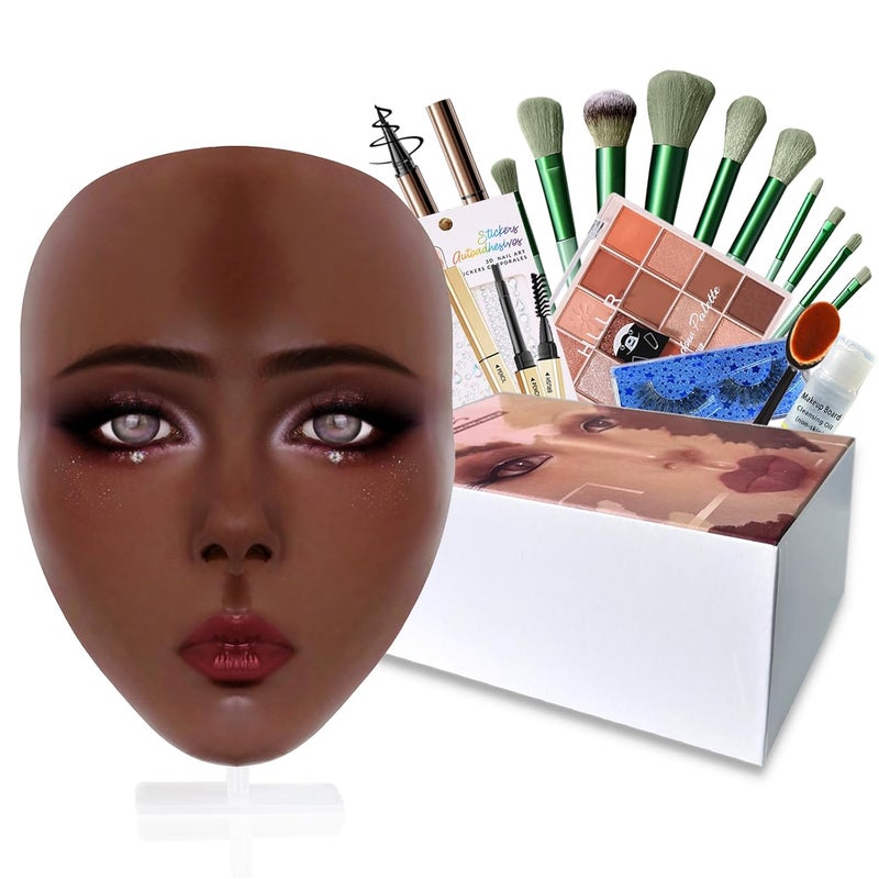 Silicone Makeup Mannequin Face Kit, Makeup Practice Full Face for Makeup Artist Supplies, Mannequin Face for Makeup Practice with Makeup Brushes Set & Eye Shadow & Rhinestones Sticker-Black