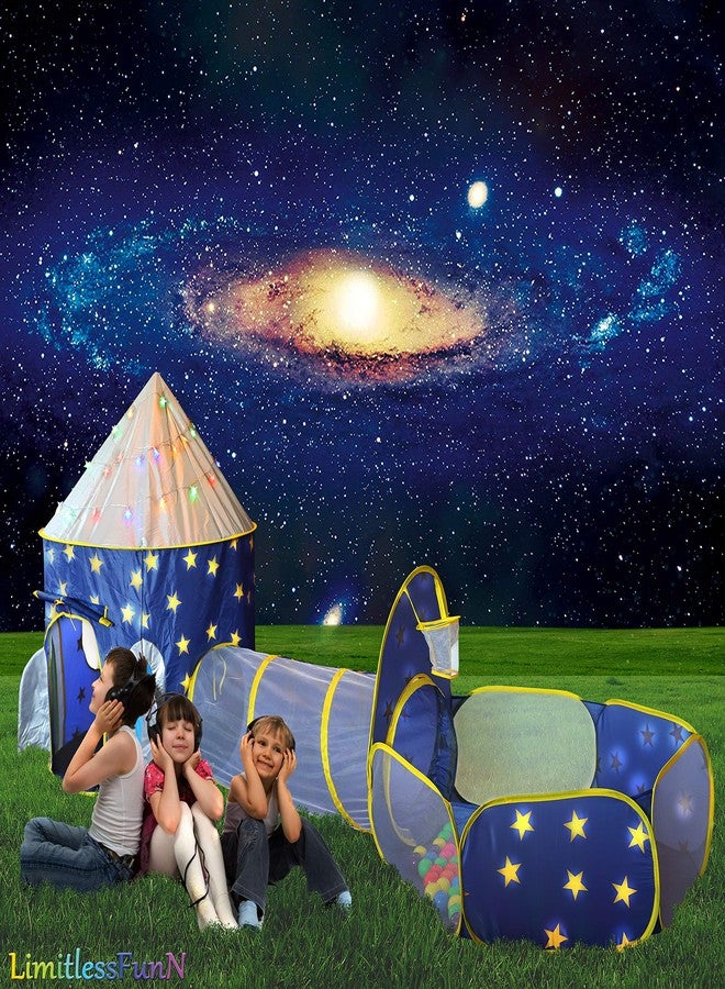 LimitlessFunN 4pc Space Rocket Ship Kids Pop Up Play Tent, Crawl Tunnel, Ball Pit | Includes Star Lights & Carrying Case |, Children Indoor Castle Playhouse for Boys, Toddlers, 47" D x 126" W x 53" H - Image 3