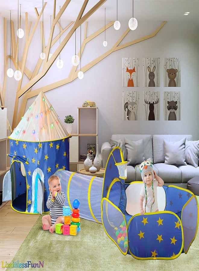 LimitlessFunN 4pc Space Rocket Ship Kids Pop Up Play Tent, Crawl Tunnel, Ball Pit | Includes Star Lights & Carrying Case |, Children Indoor Castle Playhouse for Boys, Toddlers, 47" D x 126" W x 53" H - Image 2