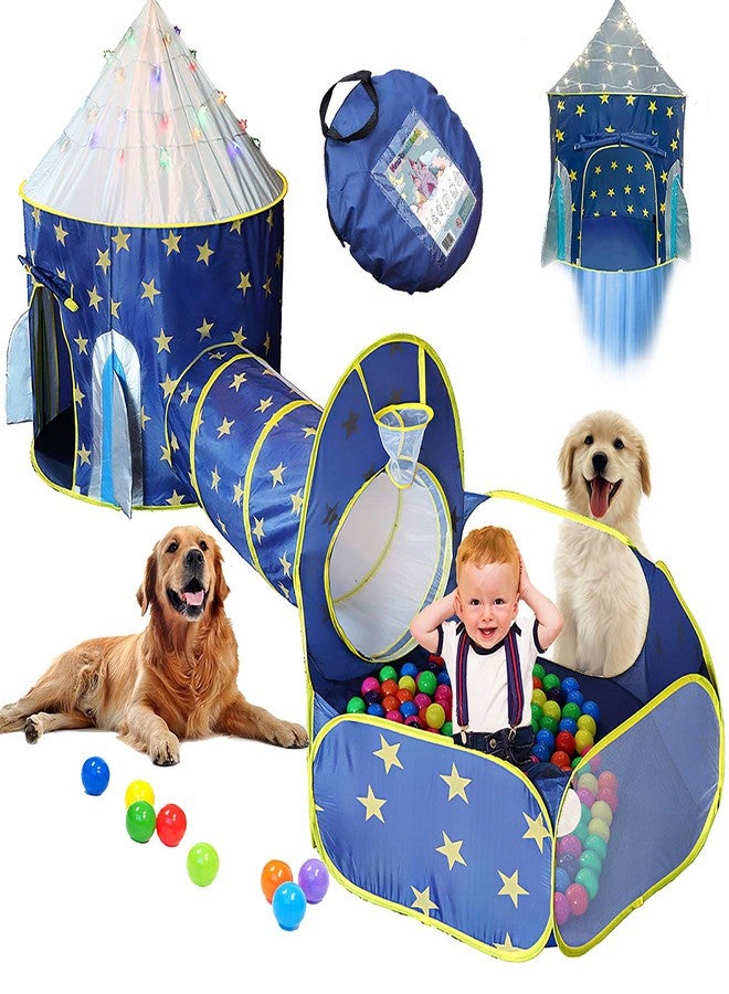 LimitlessFunN 4pc Space Rocket Ship Kids Pop Up Play Tent, Crawl Tunnel, Ball Pit | Includes Star Lights & Carrying Case |, Children Indoor Castle Playhouse for Boys, Toddlers, 47" D x 126" W x 53" H - Image 1