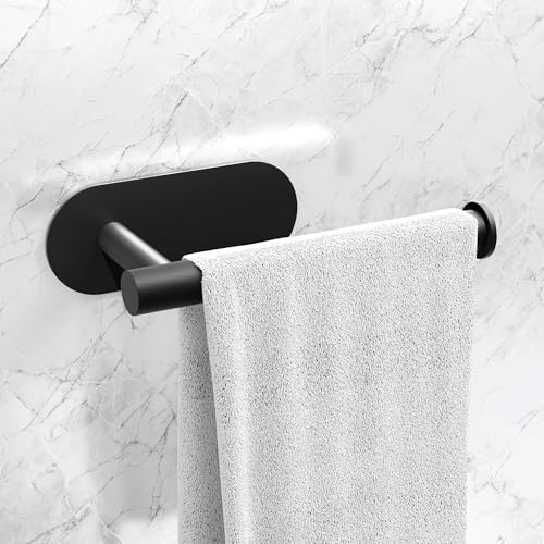 MIORAH Self Adhesive Aluminum Hand Towel Holder in Bathroom | Wall Mounted Towel Hanger for Wash Basin & Bathroom Towel Hanger for Wall | Black - Image 1