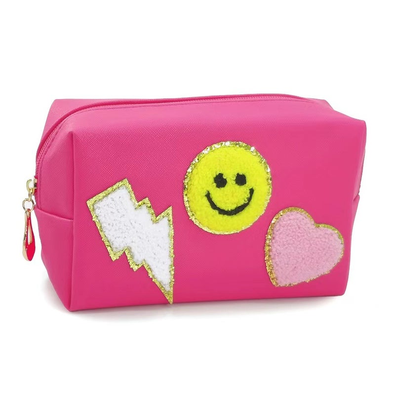 New Smiley Embroidered Towel Makeup Bag for WomenLightning smile Rose Red Lightning smile Rose Red