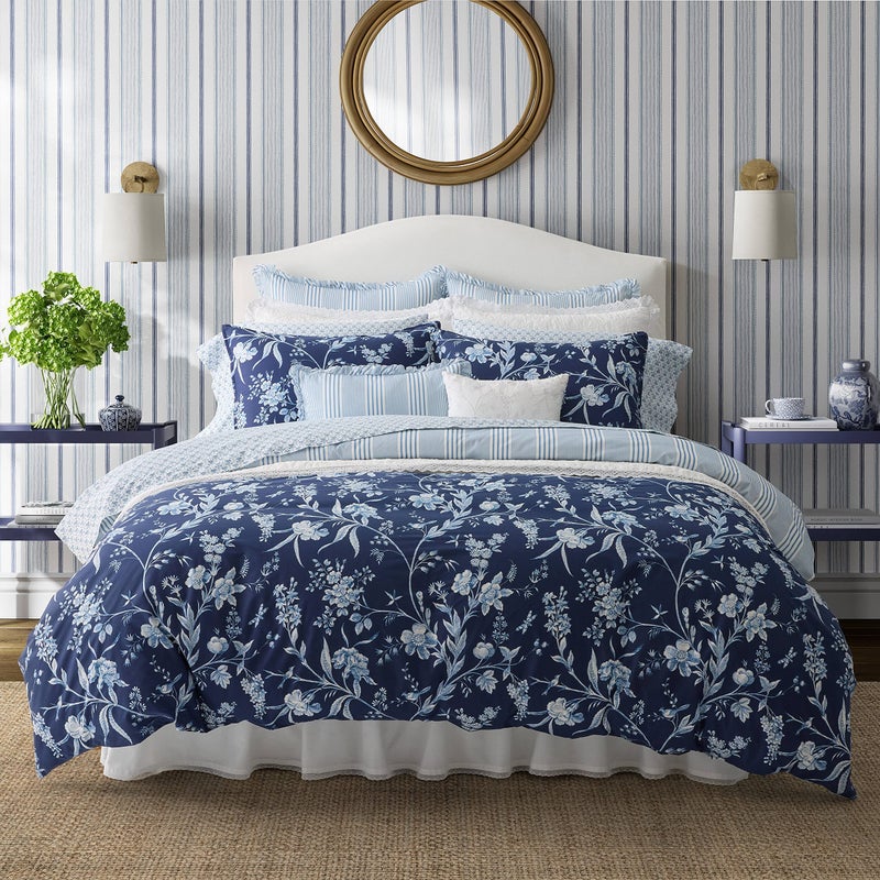Laura Ashley- Queen Duvet Cover Set, Reversible Cotton Bedding Set, Includes Matching Sham(s) with Bonus Euro Sham(s) & Throw Pillow Covers (Branch Toile Blue, Queen) - Image 1