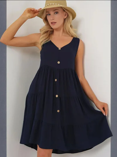 BIG DART BDART V-Neck Sleeveless Mini Dress with Button Detail