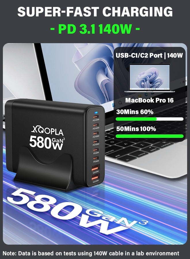 اكسوبلا محطة شحن سريع من النوع C بقوة 580 واط ، شاحن حائط USB C 8 منافذ ، محول طاقة ، مكعب توصيل مع كابل بيانات PD 100W / تقنية GaN المتقدمة ، شاحن كمبيوتر محمول سطح المكتب متوافق مع MacBook Air iPhone iPad Samsung Huawei Xiaomi والمزيد  - Image 2