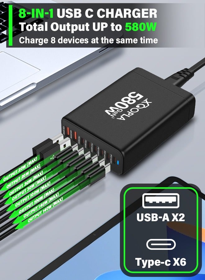 اكسوبلا محطة شحن سريع من النوع C بقوة 580 واط ، شاحن حائط USB C 8 منافذ ، محول طاقة ، مكعب توصيل مع كابل بيانات PD 100W / تقنية GaN المتقدمة ، شاحن كمبيوتر محمول سطح المكتب متوافق مع MacBook Air iPhone iPad Samsung Huawei Xiaomi والمزيد  - Image 3