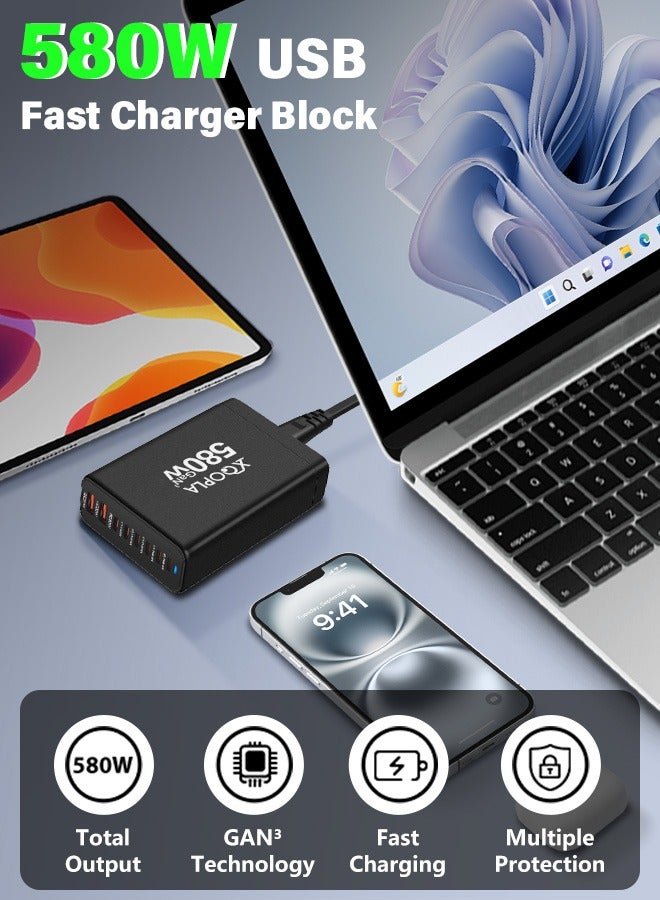 اكسوبلا محطة شحن سريع من النوع C بقوة 580 واط ، شاحن حائط USB C 8 منافذ ، محول طاقة ، مكعب توصيل مع كابل بيانات PD 100W / تقنية GaN المتقدمة ، شاحن كمبيوتر محمول سطح المكتب متوافق مع MacBook Air iPhone iPad Samsung Huawei Xiaomi والمزيد  - Image 5