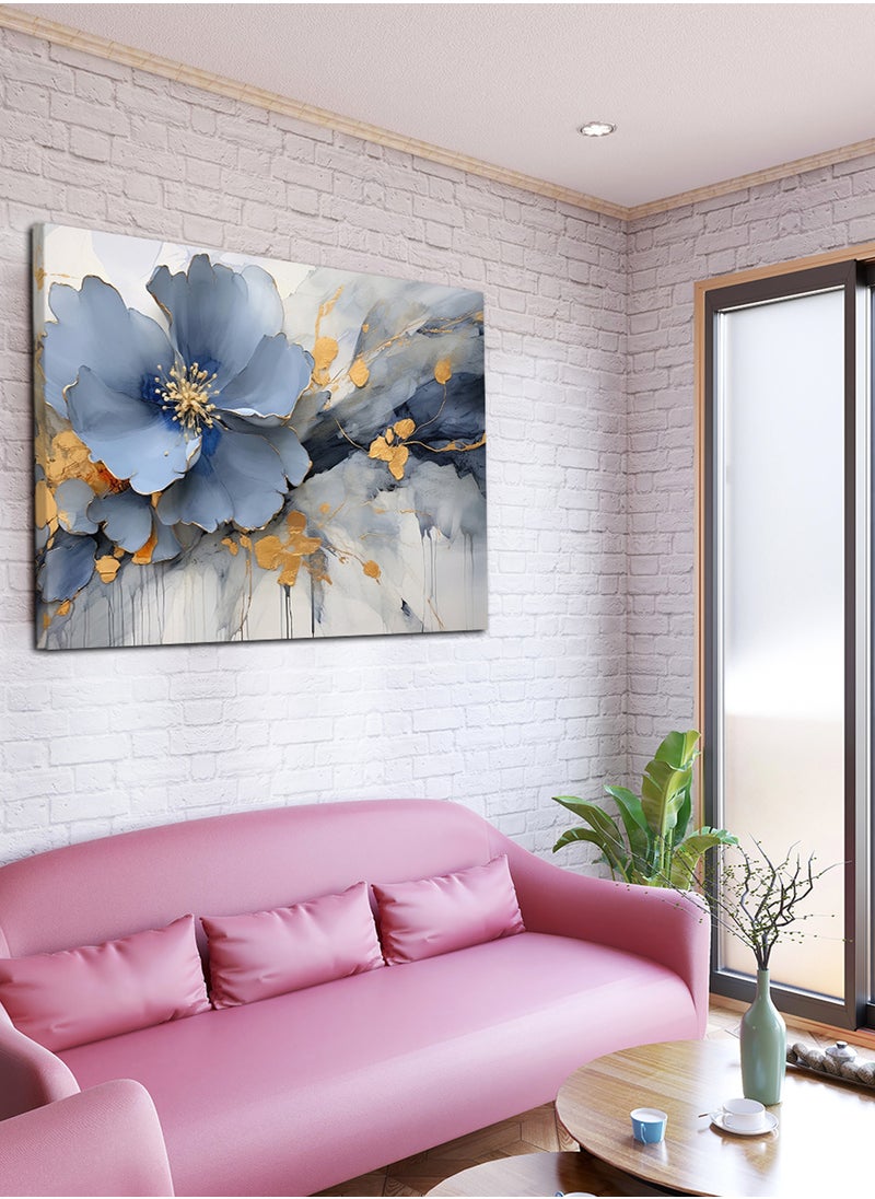 LOWHA Canvas Wall Art Stretched Over Wooden Frame with Blue Flower Painting  - Image 1