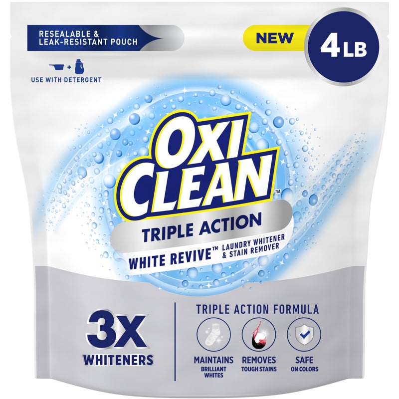 OxiClean Triple Action White Revive Laundry Whitener and Stain Remover Powder, Use with Detergent, Whitens and Brightens Clothes, Removes Tough Stains, Color Safe, Chlorine Free, 4 lbs - Image 1