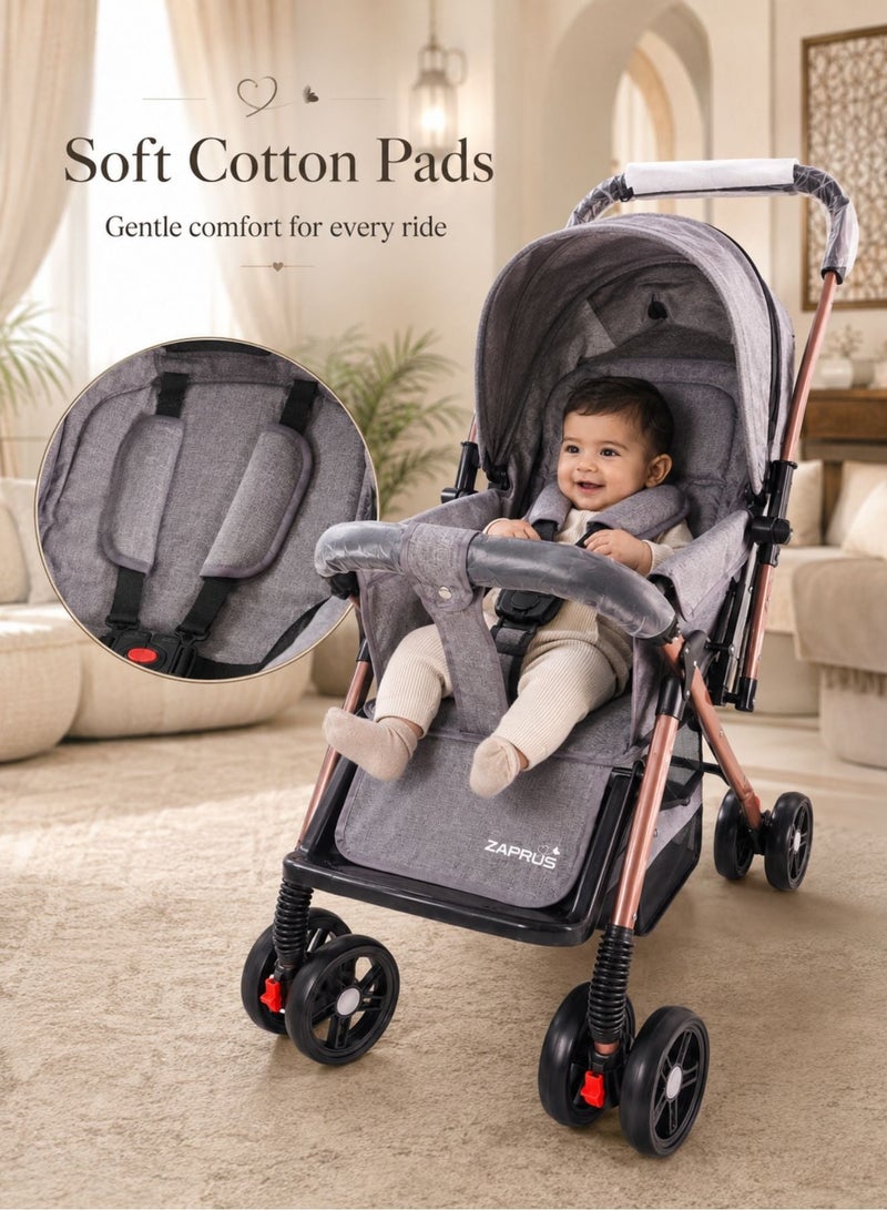 Zaprus Portable Infant Baby Stroller – Lightweight & Foldable Travel System Multi-Position Adjustable Seat, Multi-Point Safety Belt, Storage Basket Perfect for Babies, Toddlers, and Kids, Boys & Girls, Grey - Image 4