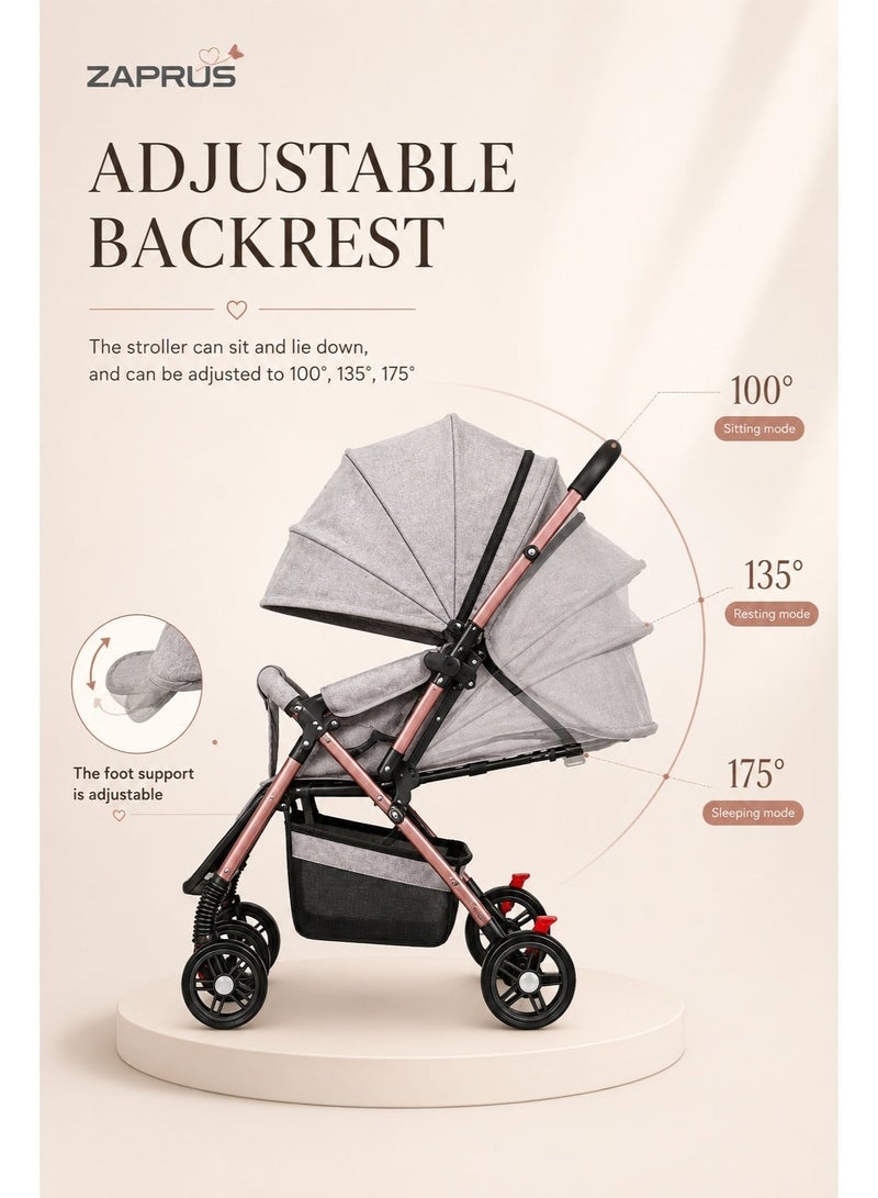 Zaprus Portable Infant Baby Stroller – Lightweight & Foldable Travel System Multi-Position Adjustable Seat, Multi-Point Safety Belt, Storage Basket Perfect for Babies, Toddlers, and Kids, Boys & Girls, Grey - Image 2