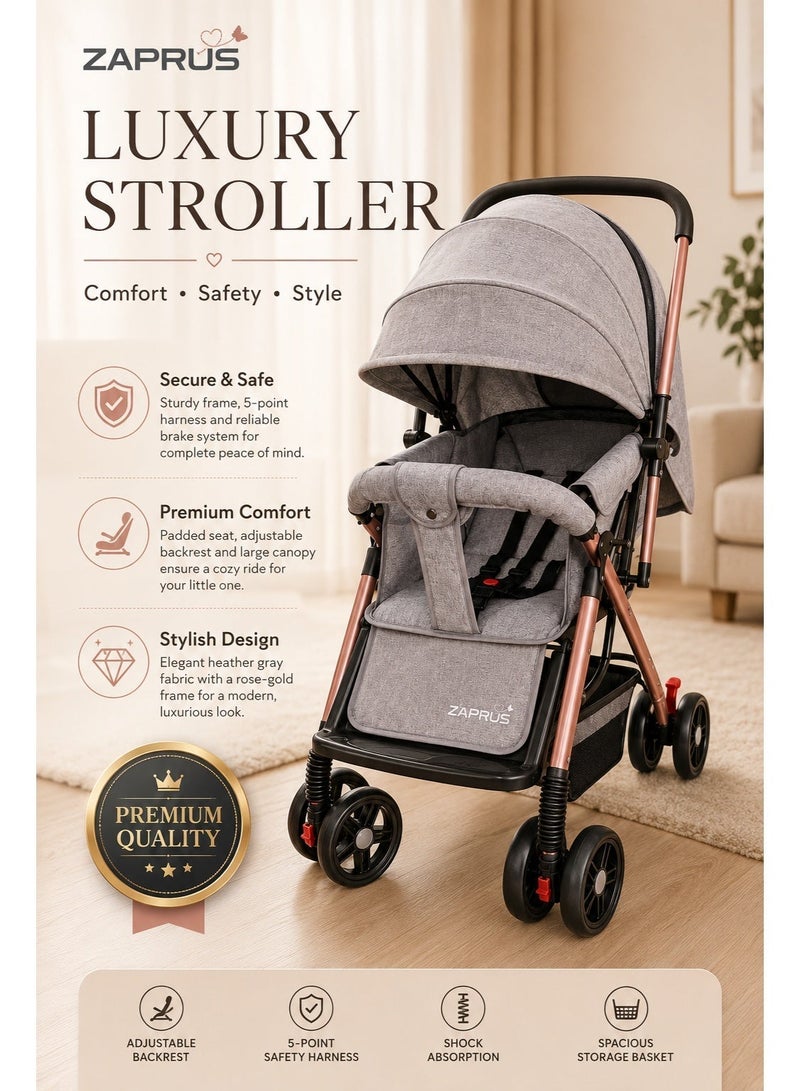 Zaprus Portable Infant Baby Stroller – Lightweight & Foldable Travel System Multi-Position Adjustable Seat, Multi-Point Safety Belt, Storage Basket Perfect for Babies, Toddlers, and Kids, Boys & Girls, Grey - Image 1