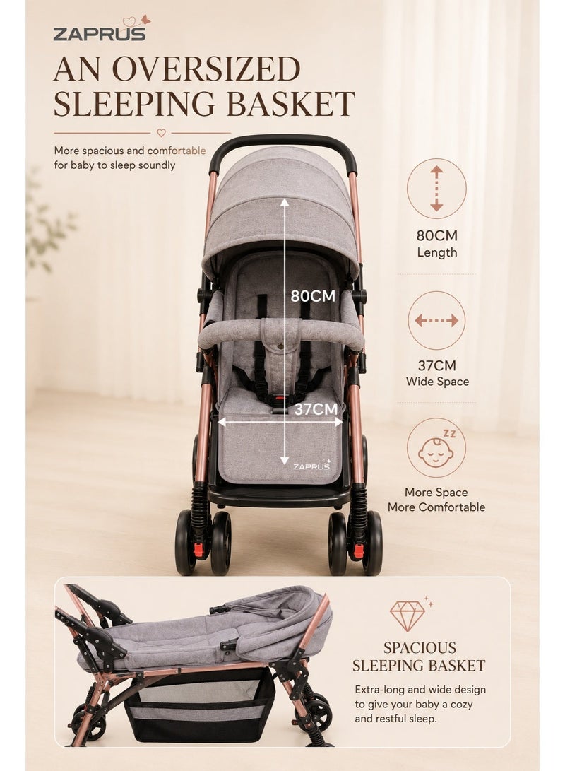 Zaprus Portable Infant Baby Stroller – Lightweight & Foldable Travel System Multi-Position Adjustable Seat, Multi-Point Safety Belt, Storage Basket Perfect for Babies, Toddlers, and Kids, Boys & Girls, Grey - Image 3