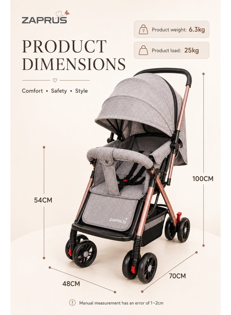 Zaprus Portable Infant Baby Stroller – Lightweight & Foldable Travel System Multi-Position Adjustable Seat, Multi-Point Safety Belt, Storage Basket Perfect for Babies, Toddlers, and Kids, Boys & Girls, Grey - Image 4