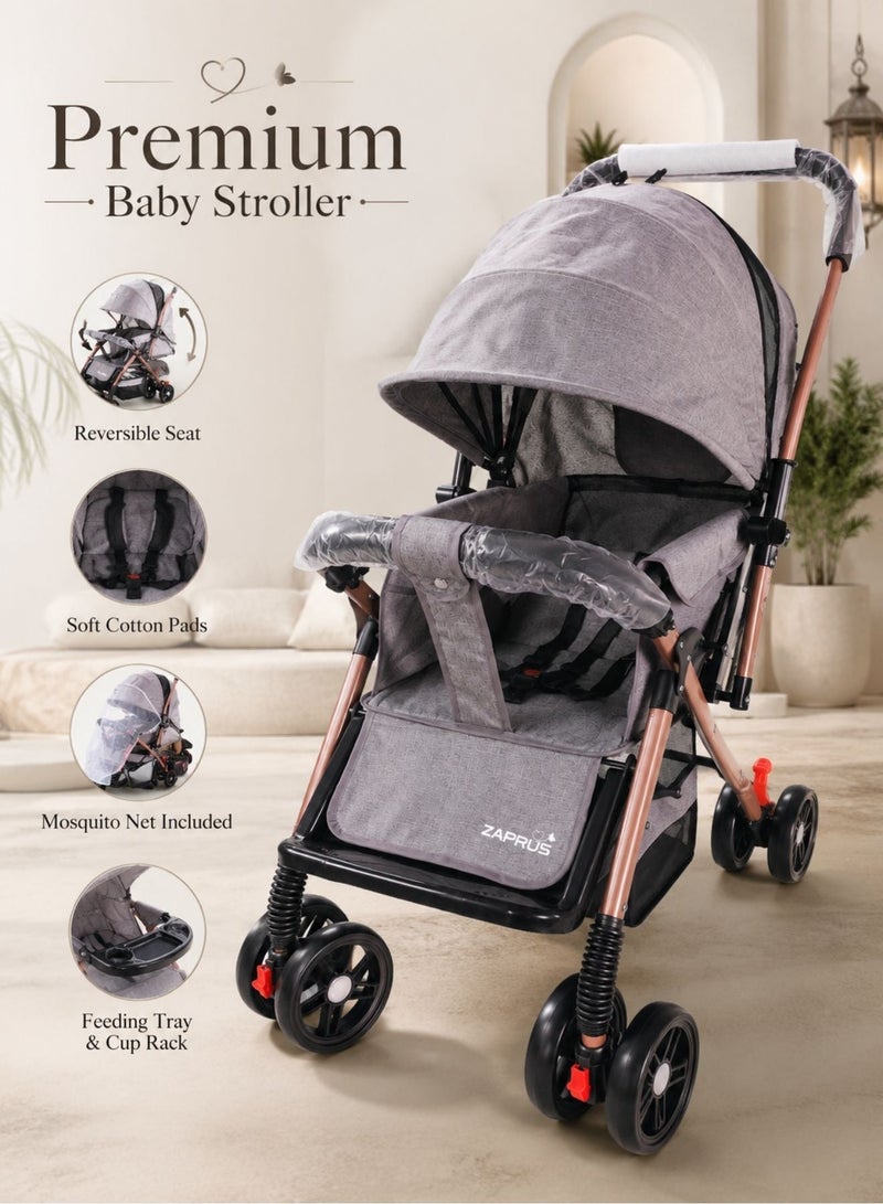 Zaprus Portable Infant Baby Stroller – Lightweight & Foldable Travel System Multi-Position Adjustable Seat, Multi-Point Safety Belt, Storage Basket Perfect for Babies, Toddlers, and Kids, Boys & Girls, Grey - Image 5