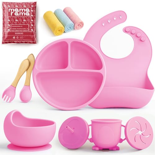 Mamarama 11 Piece Silicone Baby Feeding Set, Complete Mealtime Essentials, Includes Suction Bowl, Plate, Cup with Straw & Snack Lid, Fork, Spoon, Bib, and 3 Napkins for Babies and Toddler (Pink) - Image 1
