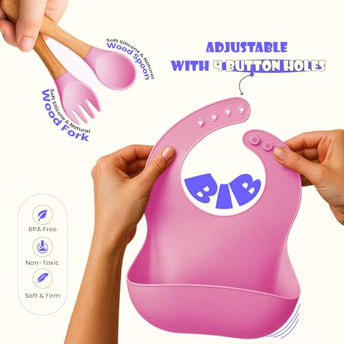 Mamarama 11 Piece Silicone Baby Feeding Set, Complete Mealtime Essentials, Includes Suction Bowl, Plate, Cup with Straw & Snack Lid, Fork, Spoon, Bib, and 3 Napkins for Babies and Toddler (Pink) - Image 5
