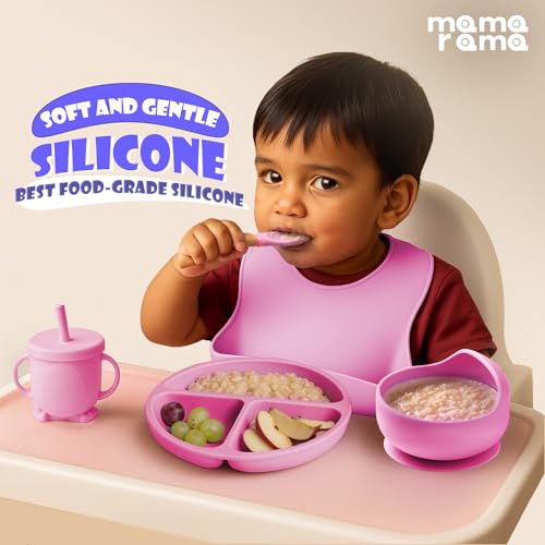 Mamarama 11 Piece Silicone Baby Feeding Set, Complete Mealtime Essentials, Includes Suction Bowl, Plate, Cup with Straw & Snack Lid, Fork, Spoon, Bib, and 3 Napkins for Babies and Toddler (Pink) - Image 2
