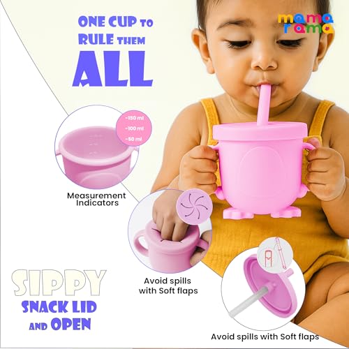 Mamarama 11 Piece Silicone Baby Feeding Set, Complete Mealtime Essentials, Includes Suction Bowl, Plate, Cup with Straw & Snack Lid, Fork, Spoon, Bib, and 3 Napkins for Babies and Toddler (Pink) - Image 4