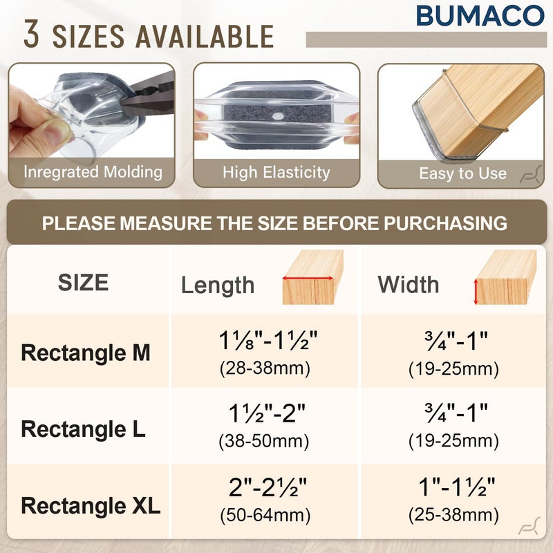 BUMACO Chair Leg Floor Protectors Rectangle Chair Leg Protectors for Hardwood Floors Silicone Pads Covers to Protect Floors(Clear-20 Pcs, Rectangle M Fit (L:1-1/8â€ ~ 1-1/2â€,W:3/4â€ ~ 1â€) - Image 2