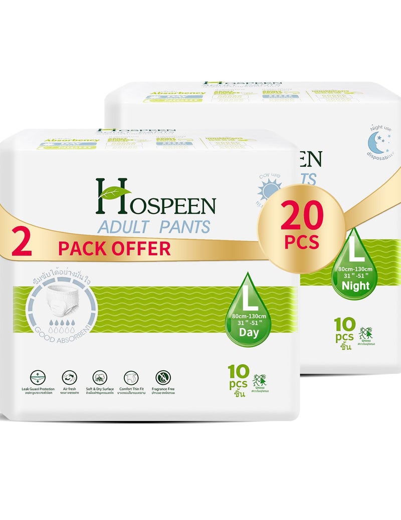 Hospeen Adult Diapers Pants,20 Count Day And Night Unisex Pull Ups,Large,Period Panties For Sanitary Protection,Waist Size 80-130Cm,Super Soft Fit.(Day 10 Count,Night 10 Count). - Image 1